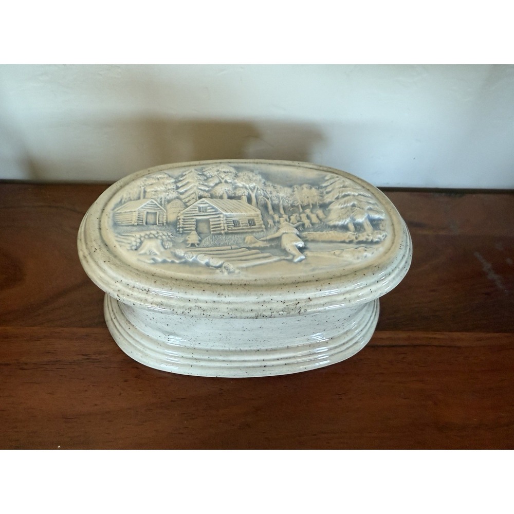 VTG Hershey Mold Trinket Box Jewelry Oval‎ Pioneers Log Cabin Ceramic 3D Signed